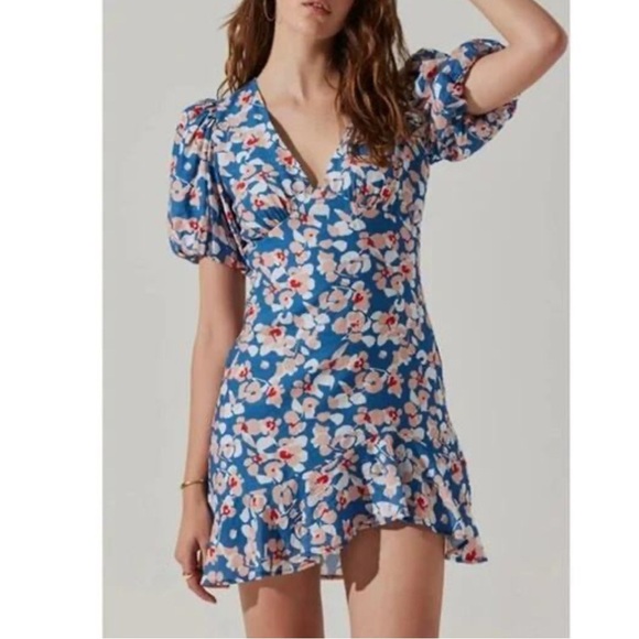 Astr Blue Floral V Neck Mini Dress Small - Picture 1 of 4